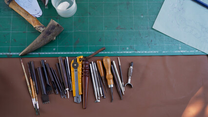  Close-up variety tools available trim leather for craft work, made by myself with all these hands...