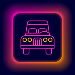 Glowing neon line Car icon isolated on black background. Front view. Colorful outline concept. Vector