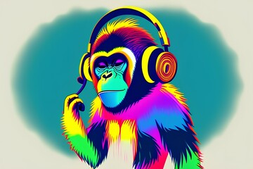 Monkey with headphones listening to music. Colored digital vector drawing illustration. Abstract monkey for wall art, t-shirt, or poster. Digital art - generative ai