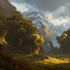 A valley, with mountains in the background, mady by Generative AI