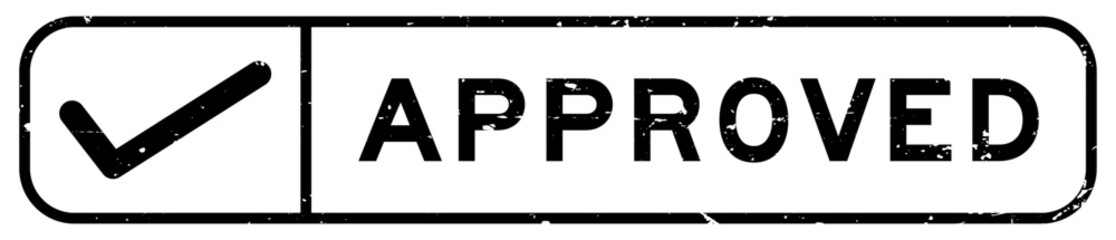 Grunge black approved word with right check mark icon square rubber seal stamp on white background