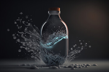Blank glass water bottle with splash effect, created using  AI