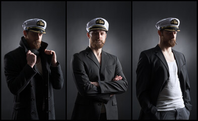 Portrait of a handsome sailor over black background. Shipping, navigation, marine, navy concept.