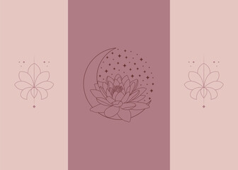 Moon and lotus flower vector set.  Elegant crescent and star logo design line icon vector in luxury style outline linear. Premium boutique, jewelry, wedding salon emblem logo design set. - obrazy, fototapety, plakaty