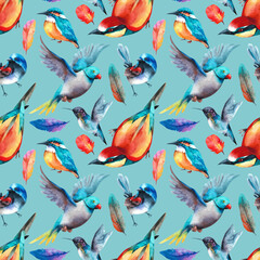 Watercolor birds. Pattern of various birds on a turquoise background