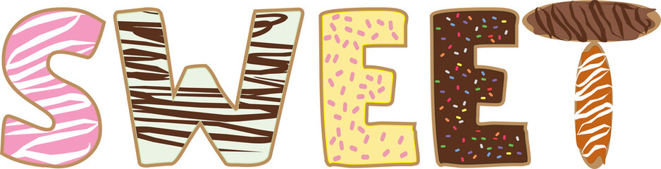 The word sweet spelled out using a verity of illustrated donuts