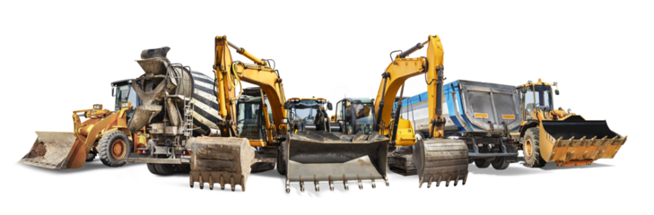 A large group of construction equipment isolated on a white background. Rental of construction equipment. Excavator, loader, bedozer, atobetonosmesitel, dump truck. element for design.