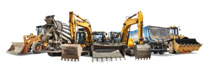 Foto op Canvas A large group of construction equipment isolated on a white background. Rental of construction equipment. Excavator, loader, bedozer, atobetonosmesitel, dump truck. element for design. © Anoo