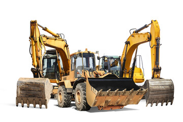 Two crawler excavators and bulldozer loader close-up on a white isolated background.Construction...