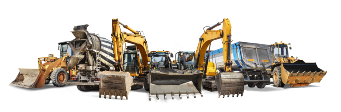 A large group of construction equipment isolated on a white background. Rental of construction equipment. Excavator, loader, bedozer, atobetonosmesitel, dump truck. element for design.