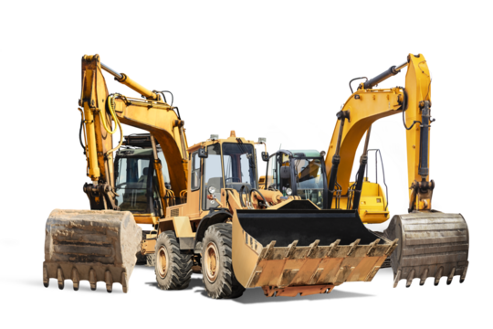 Two crawler excavators and bulldozer loader close-up on a white isolated background.Construction equipment for earthworks. element for design.