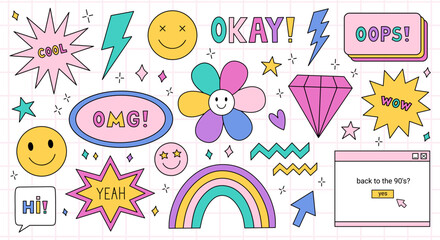 Set of trendy badges or stickers in the style of the 90s. Bright patches with smiling faces, lightnings, diamonds, stars and speech bubbles with the text Yeah, Oops, Cool, Wow. Nostalgia for the 1990s - obrazy, fototapety, plakaty