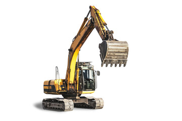 Crawler excavator isolated on white background. Quarry excavator with bucket raised close-up....