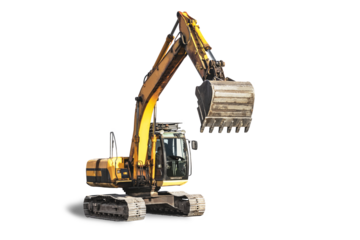 Crawler excavator isolated on white background. Quarry excavator with bucket raised close-up. Modern building equipment for earthworks. element for design.