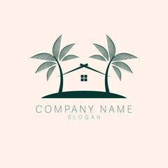 Vector logo template with villa and palm trees - abstract summer and vacation icon and emblem for vacation rentals, travel services, tropical spas and beauty studio. 