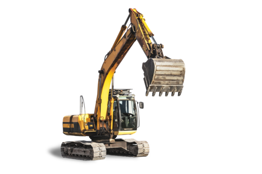 Crawler excavator isolated on white background. Quarry excavator with bucket raised close-up. Modern building equipment for earthworks. element for design.