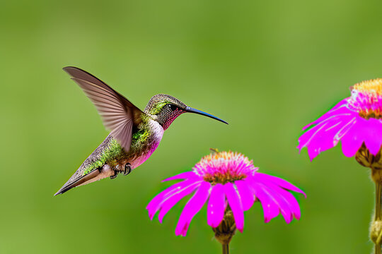 Close-up of a hummingbird pollinating a flower,