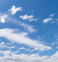 Panoramic view of clear blue sky and clouds, Blue sky background with tiny clouds. White fluffy clouds in the blue sky.
