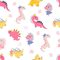 Seamless pattern with dino girls. Design for fabric, textile, wallpaper, packaging.	