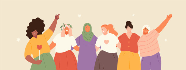 Naklejka na ściany i meble Beautiful happy multiethnic women embracing. International woman day, girlfriends, sisterhood, feminism. Vector characters