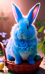 Fantastic blue easter bunny in the basket as symbol of holyday
