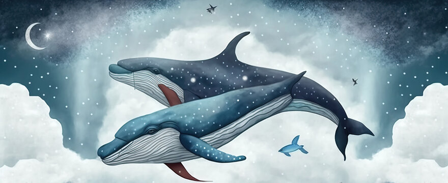 Two Whales flying in the sky. Swimming among the clouds. Illustation. Wallpaper. Generative AI.
