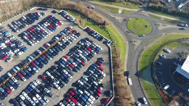 Aerial Footage of Huge Car Parking at Kempston Bedford Town of England UK. The Footage  Was Captured on 06-Feb-2023 with Drone's Camera
