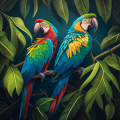 Fototapeta premium a pair of parrot laborers on a tree ,generative ai technology