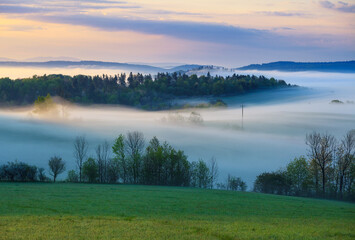 foggy spring morning in the mountains, Bieszczady