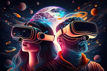Fototapeta na wymiar Man and woman in digital glasses flying in outer space among planets and stars. Metaverse or Virtual reality concept. Modern technological entertainment. AI
