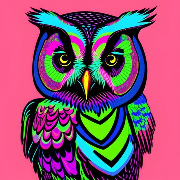 Owl. Abstract, neon, graphic portrait of an owl in the style of pop art on a black background. Digital vector drawing - generative ai