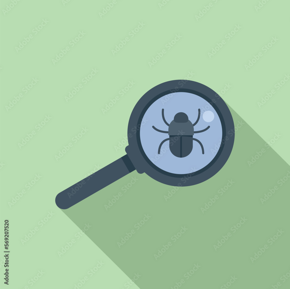 Poster bug magnifier icon flat vector. hacker error. computer threat