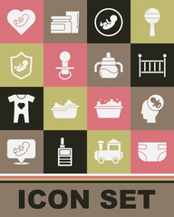 Set Baby absorbent diaper, dummy pacifier, crib cradle, on shield, inside heart and bottle icon. Vector