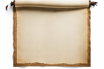An old parchment sheet with a wooden roll as a mockup template on alpha transparent background, AI generated illustration - obrazy, fototapety, plakaty
