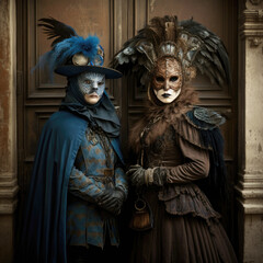 Fototapeta na wymiar Women wearing carnival masks and costumes at a traditional Venetian carnival, Generative AI