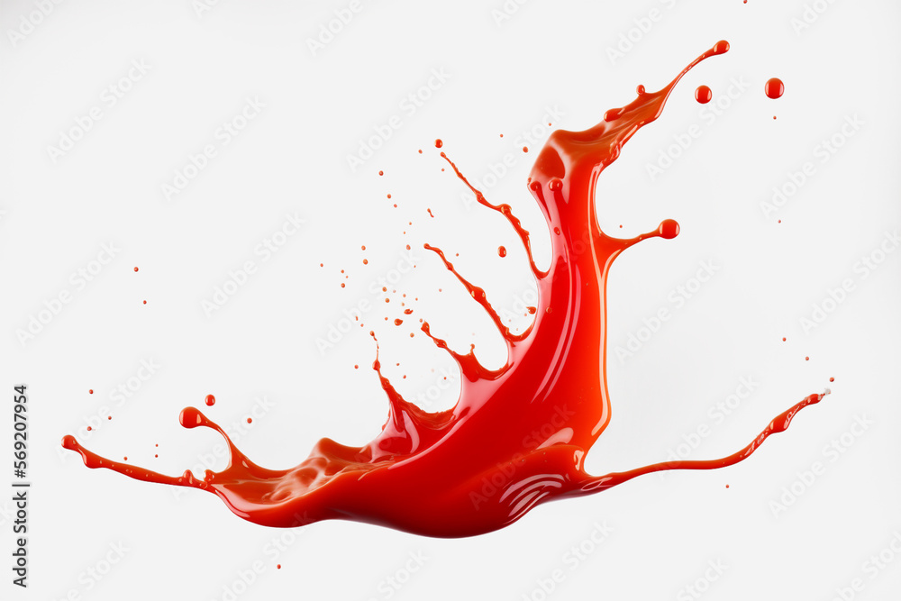 Poster red paint splash. tomato, strawbery or red juice splashing. ketchup splash on isolated white backgro
