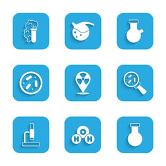 Set Radioactive in location, Chemical formula for H2O, Test tube and flask, Microorganisms under magnifier, Microscope, Petri dish with bacteria, and explosion icon. Vector