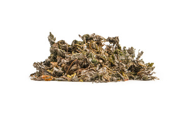 Dry tea leaves and dry fruit isolated on white background.
