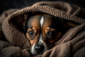Portrait and closeup of a tiny dog wrapped in a blanket, ideally on a bed in the dead of winter. The dog has a sweet brown muzzle and seems content to be snoozing. Generative AI - obrazy, fototapety, plakaty