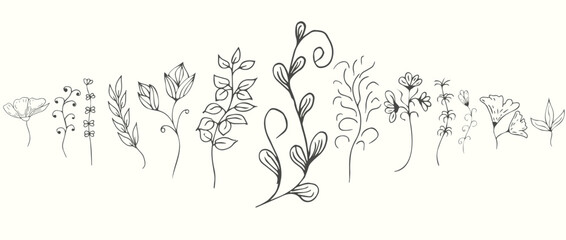 Floral branches for logo or decoration. Minimalistic wedding flowers, grass and leaves for invitation, save the date card.
Hand drawing.