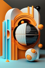 3d abstract render in black, orange, cyan and white, made with generative AI