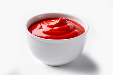 Delicious ketchup in white bowl isolated on white background. Portion of tomato sauce with clipping path. Collection of various sauces