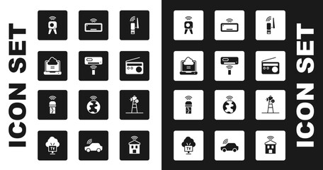 Set Usb wireless adapter, Air conditioner, Network cloud connection, Web camera, Radio, Computer keyboard, Satellite dish and icon. Vector