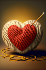 Knitting Red heart in center ,  beautiful light, soft, cartoon style. Generative artificial intelligence