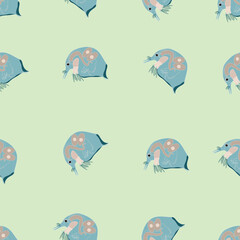 Plankton or water flea shameless vector pattern. Cartoon vector icon isolated on blue background.