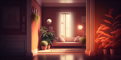 Living room interior design, with modern minimalist style, house apartment building architecture generative ai