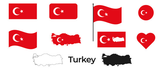 Flag of Turkey. Silhouette of Turkey. Turkish flag. National symbol.