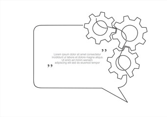 Continuous one line drawing of gears and speech bubble. Trendy line art vector on a white background. Vector illustration.