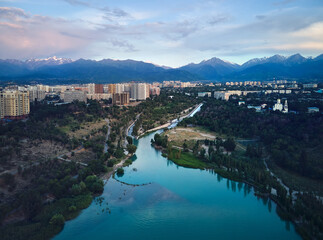 Aerial view of the mountain lake in Almaty city
