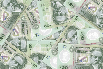 Fototapeta premium The Uruguayan currency - the Uruguayan peso. Macro view of Uruguay paper money. Close-up Uruguay money